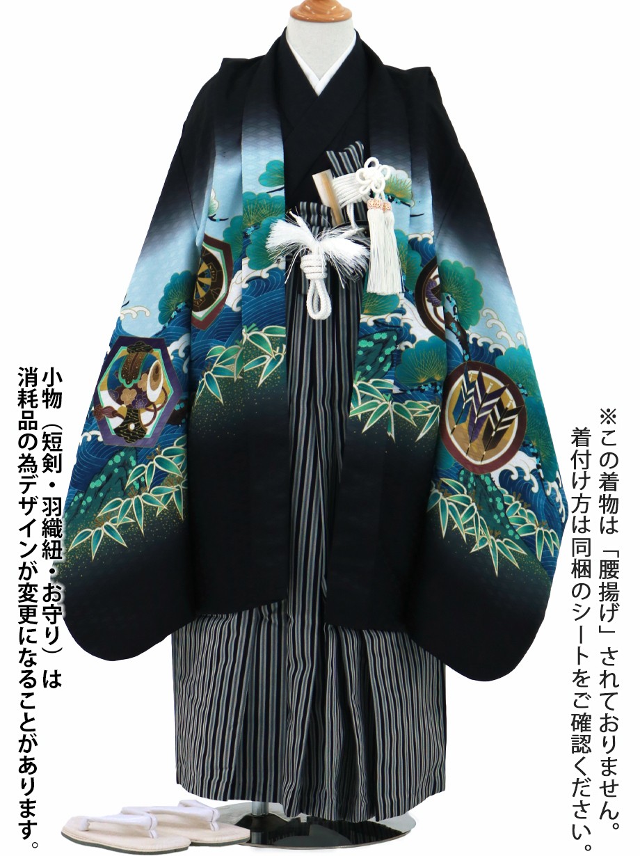 黒地に鷹と宝船・松、黒縞の袴／七五三・五歳男の子・袴 | 宅配