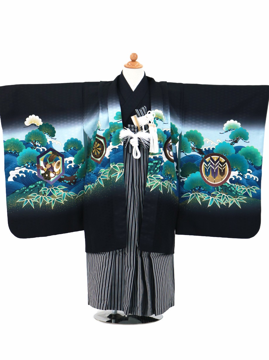 黒地に鷹と宝船・松、黒縞の袴／七五三・五歳男の子・袴 | 宅配