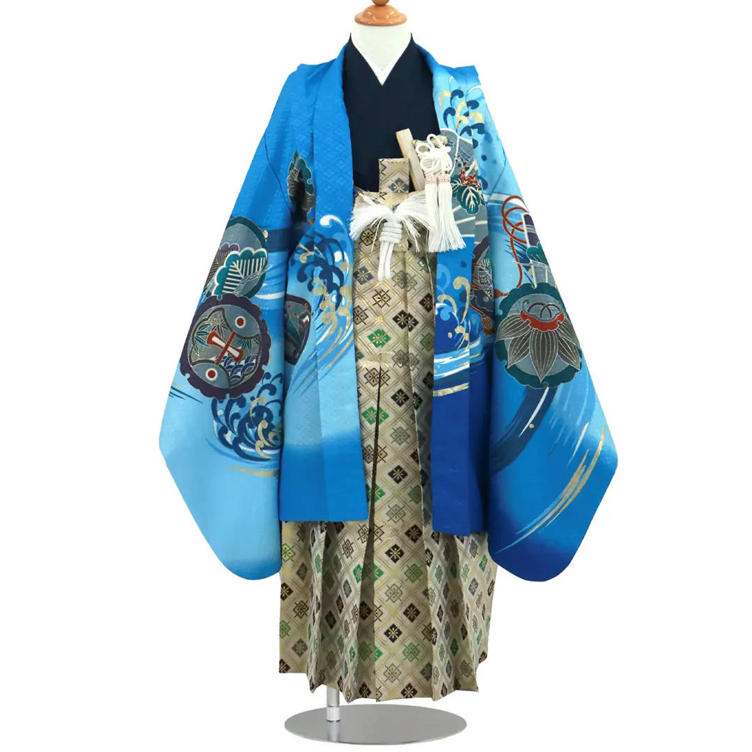 青地に鷹と波に吉祥、菱の袴／七五三・五歳男の子・袴／正面