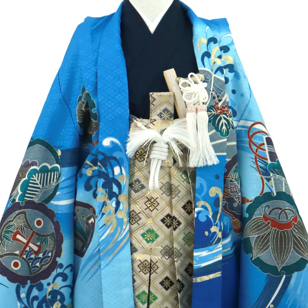 青地に鷹と波に吉祥、菱の袴／七五三・五歳男の子・袴／衿元詳細