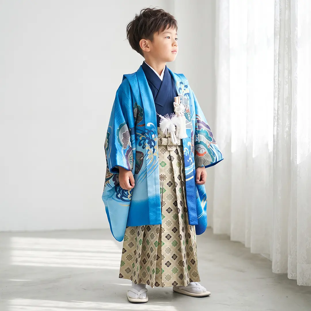 青地に鷹と波に吉祥、菱の袴/七五三・五歳男の子・袴 | 宅配着物 青地に鷹と波に吉祥、菱の袴/七五三・五歳男の子・袴 | 宅配着物