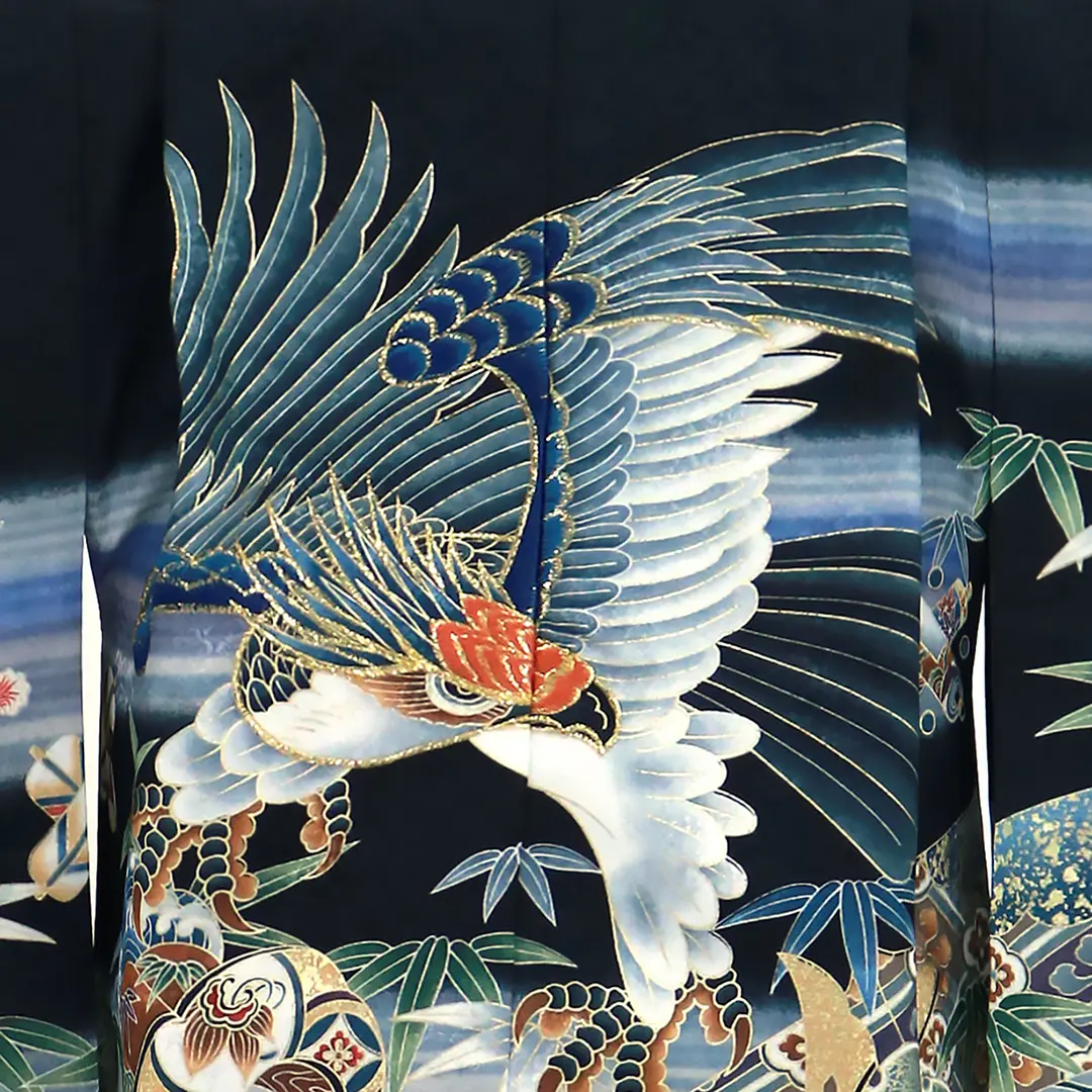 黒地に鷹と竹文、藍鼠の袴／七五三・五歳男の子・袴 | 宅配着物