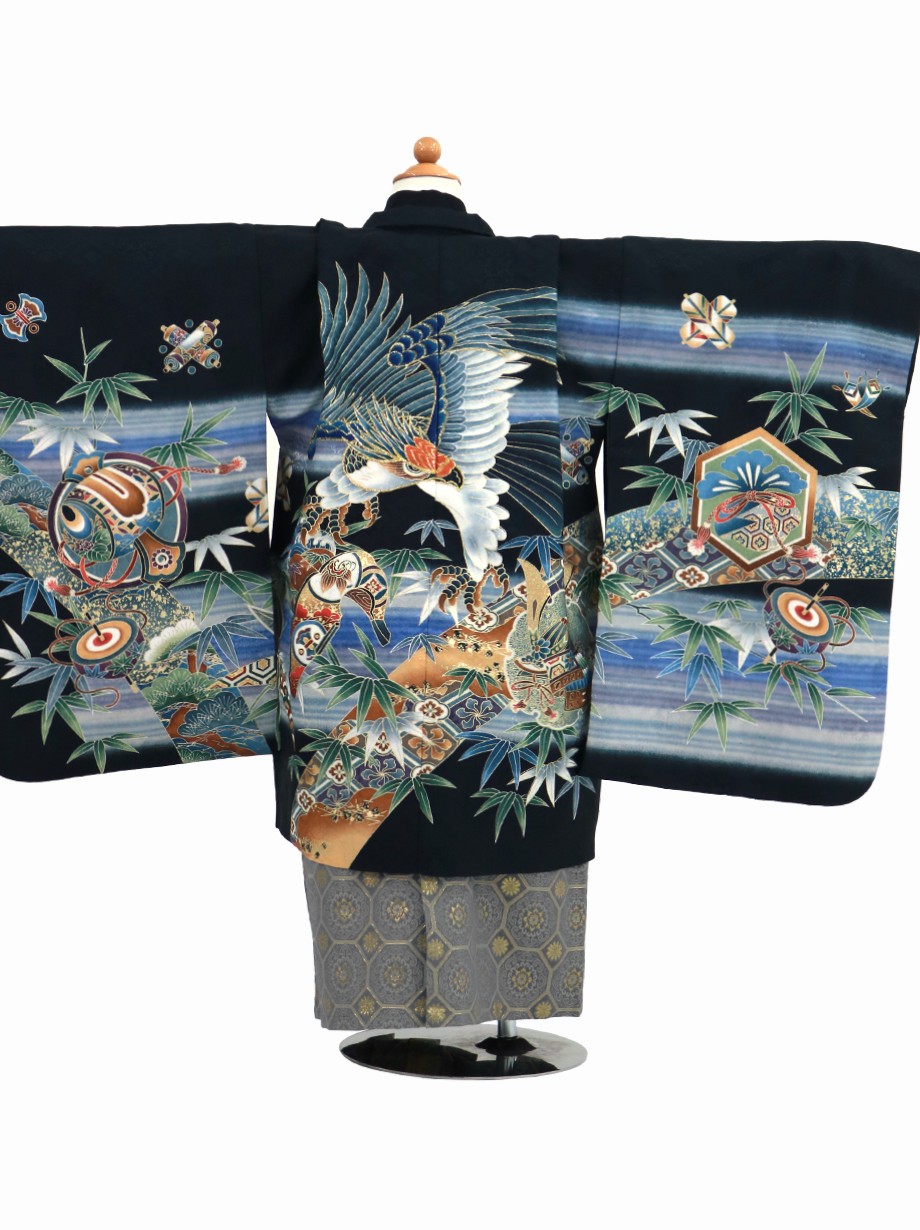 黒地に鷹と竹文、藍鼠の袴／七五三・五歳男の子・袴 | 宅配着物