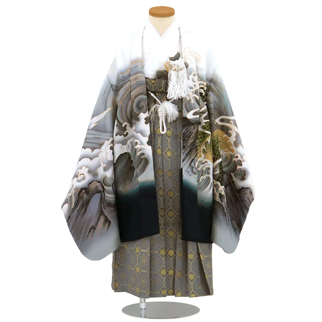 白地に昇り龍、藍鼠の袴／七五三・五歳男の子・袴／正面