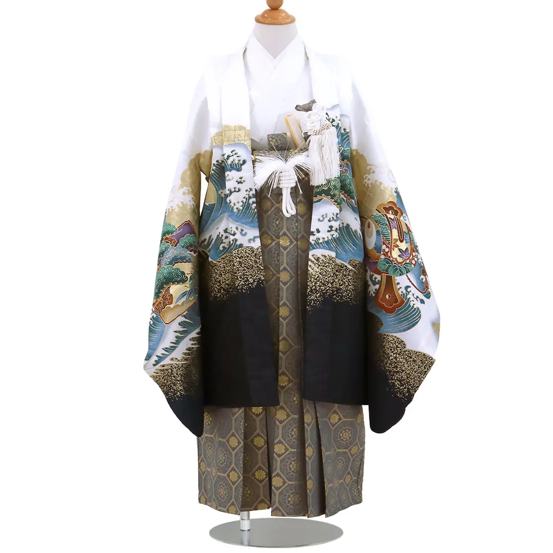 白と紺地に鷹と宝船、藍鼠の袴／七五三・五歳男の子・袴／正面