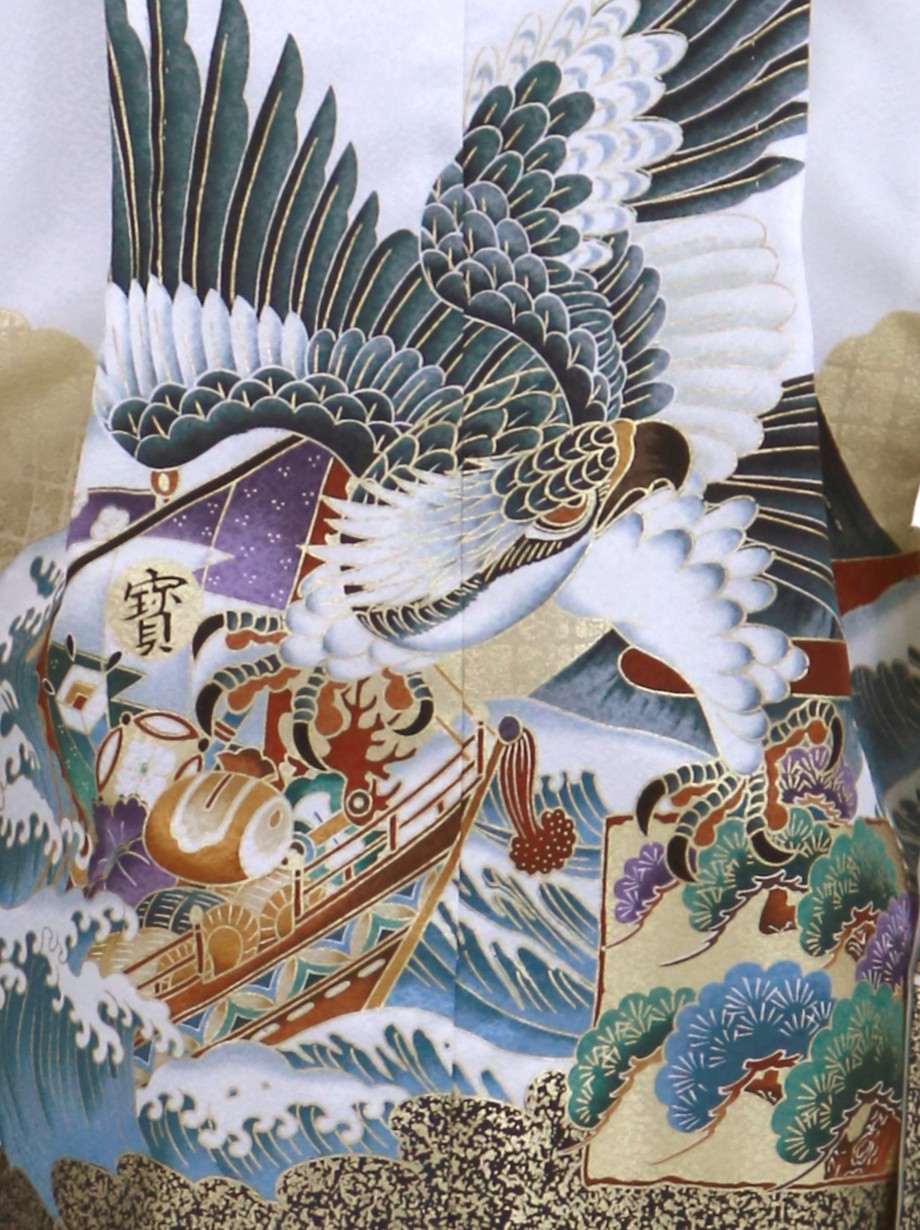 七五三 5歳 男児 藍白地に鷹と松 青地に鷹と松、藍鼠の袴／小さめサイズ／七五三・五歳男の子・袴