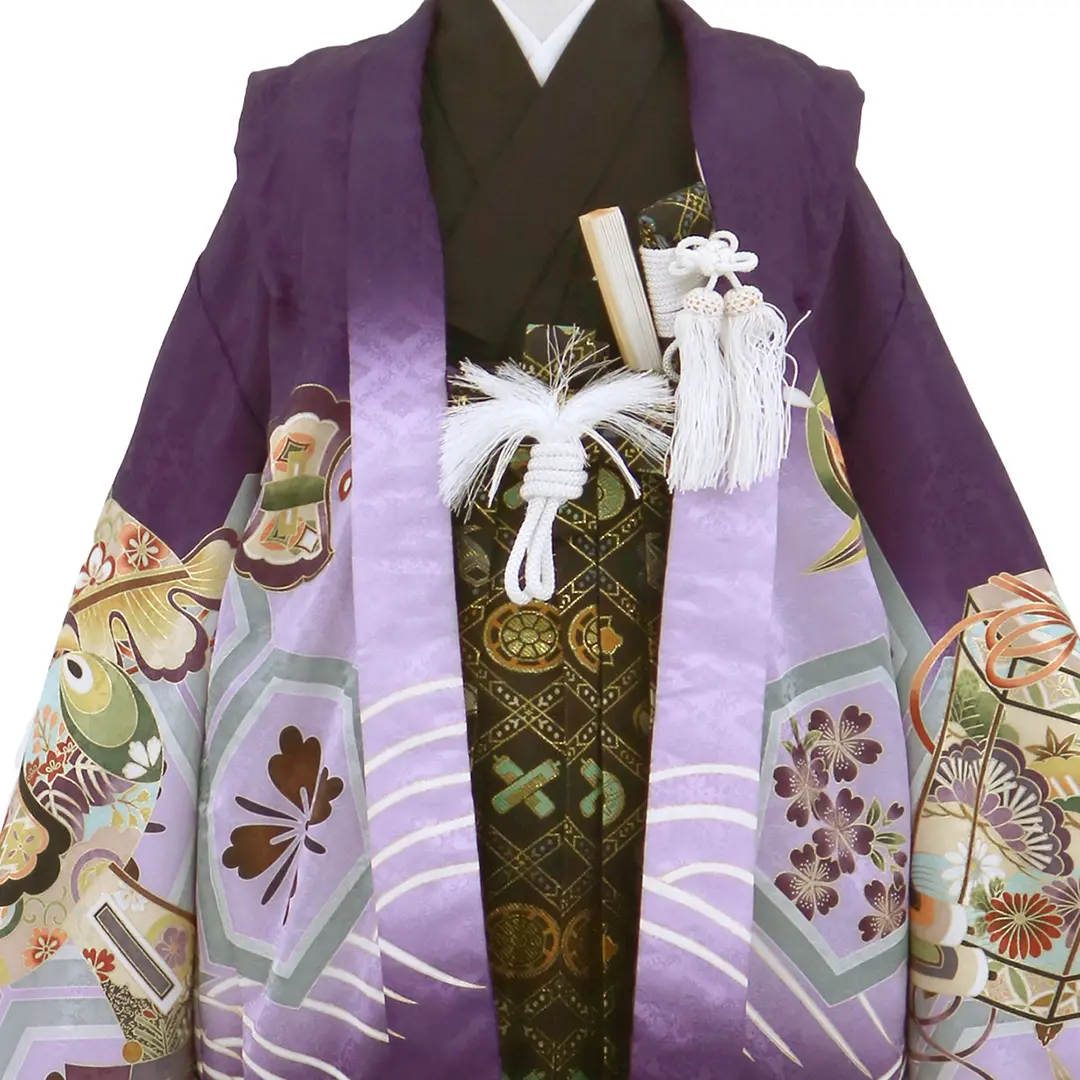 紫地に鷹と束ね熨斗、黒の袴／七五三・五歳男の子・袴 | 宅配