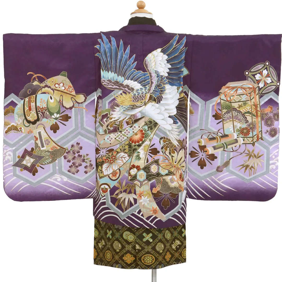 紫地に鷹と束ね熨斗、黒の袴／七五三・五歳男の子・袴 | 宅配着物