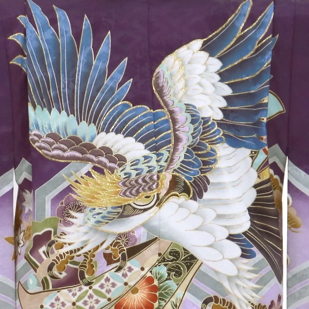 紫地に鷹と束ね熨斗、黒の袴／七五三・五歳男の子・袴 | 宅配着物