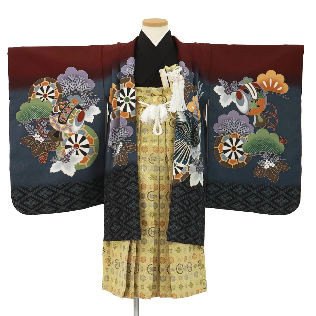 赤と黒の舞楽菱に鷹と車文、金襴の袴／七五三・五歳男の子・袴 | 宅配