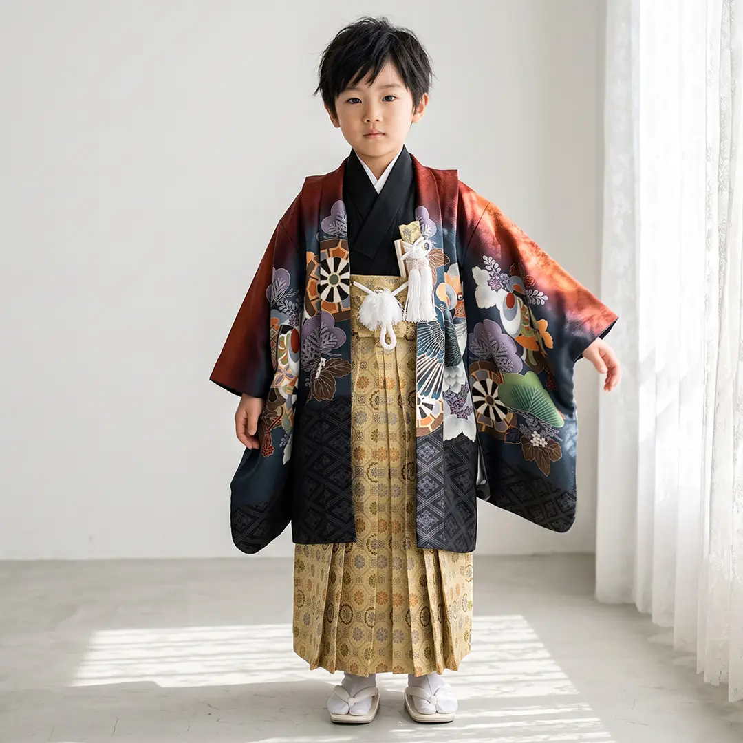 赤と黒の舞楽菱に鷹と車文、金襴の袴／七五三・五歳男の子・袴 | 宅配