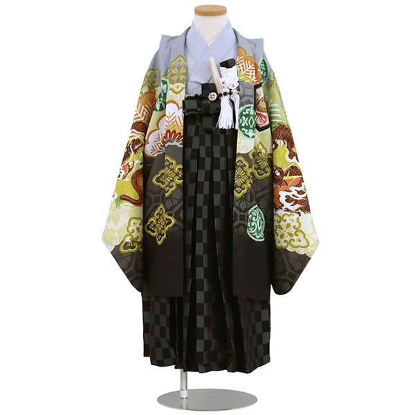 グレー地に龍、黒の市松袴／七五三・五歳男の子・袴 | 宅配着物