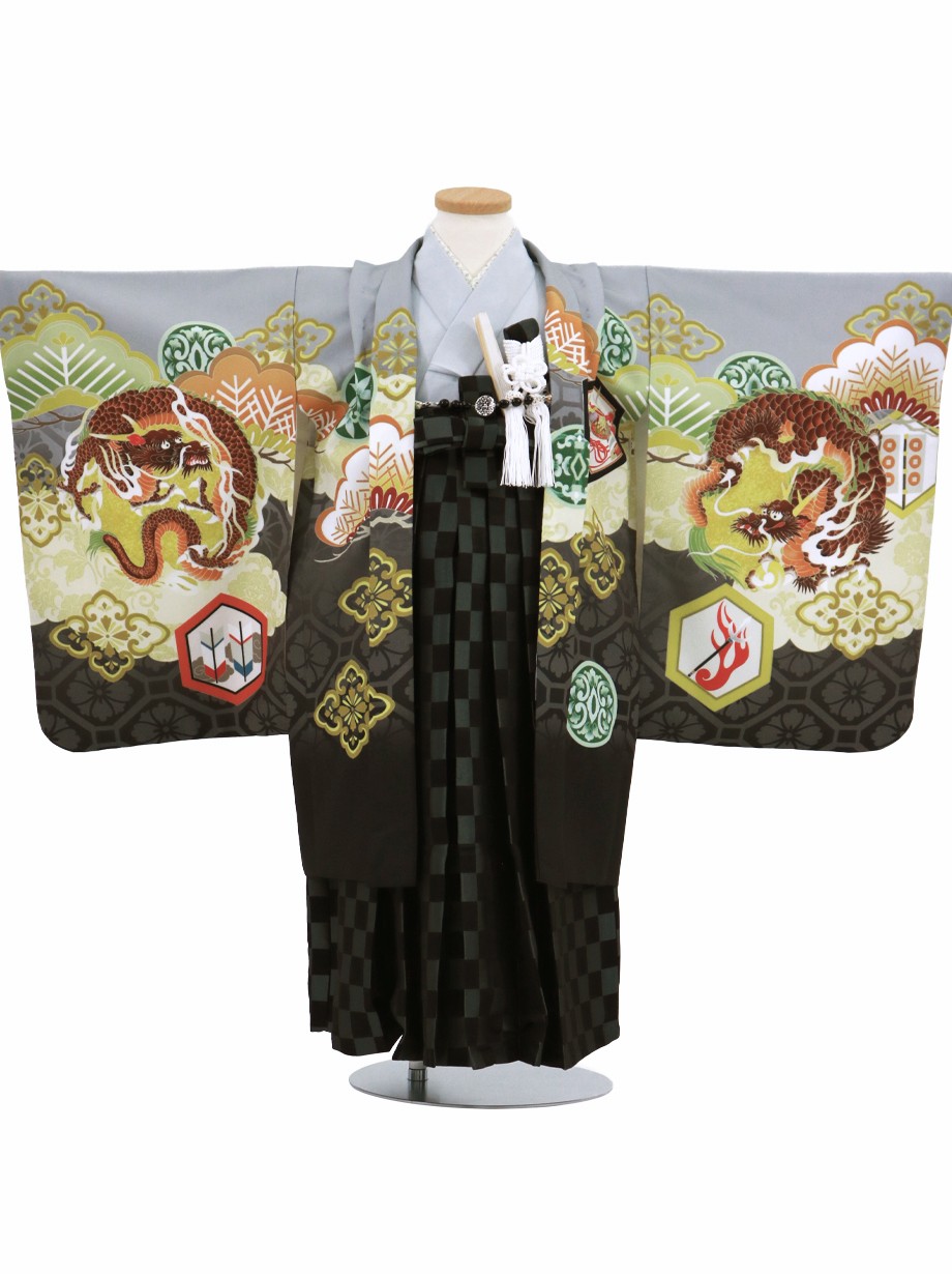 グレー地に龍、黒の市松袴／七五三・五歳男の子・袴 | 宅配着物