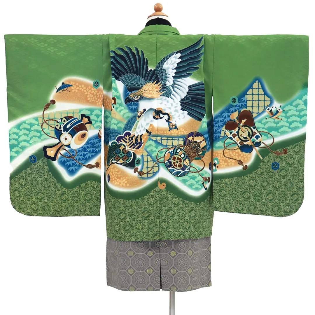 抹茶地に鷹と束ね熨斗・亀甲宝尽くし、藍鼠の袴／七五三・五歳男の子・袴／背中