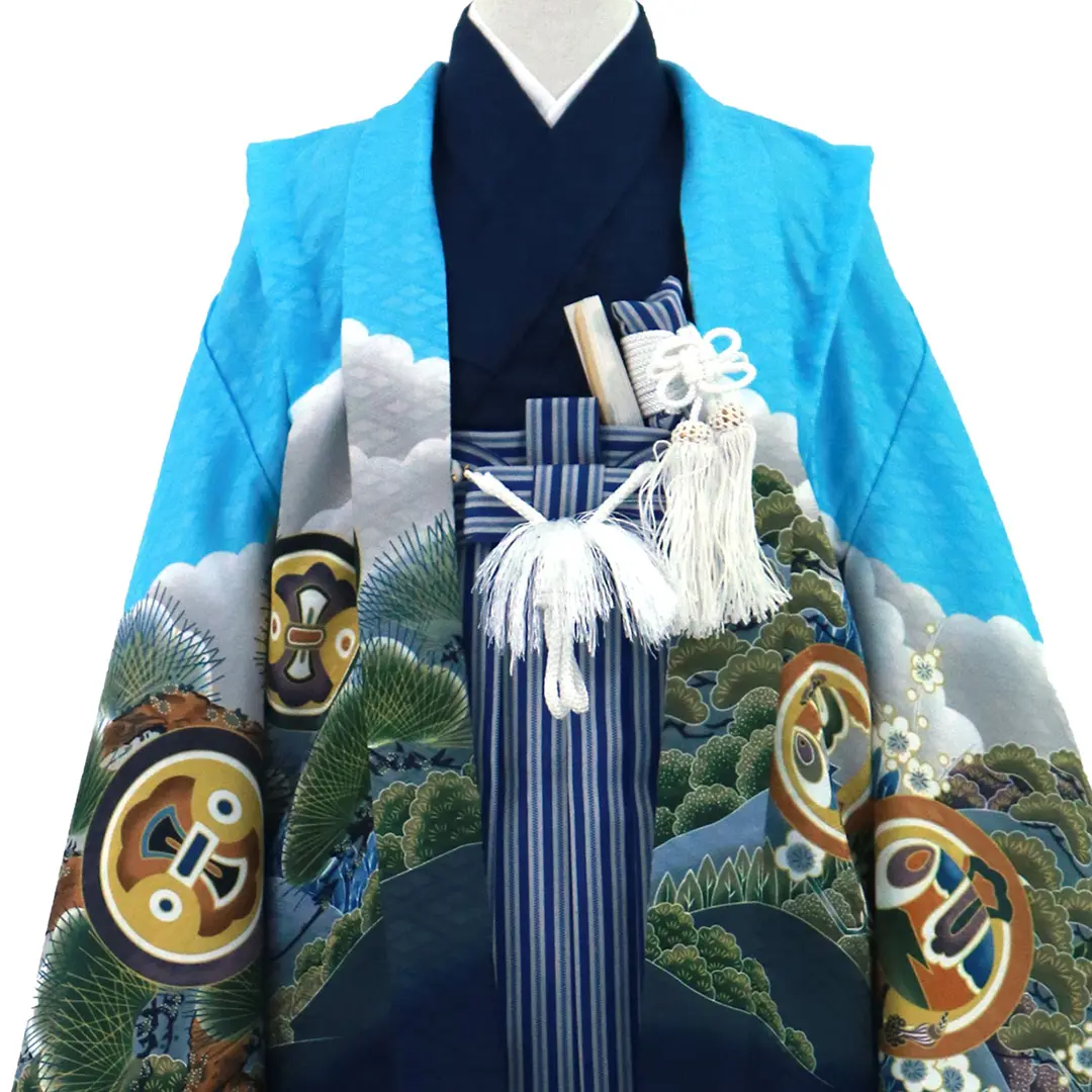 水色地に鷹と富士山、紺縞の袴／七五三・五歳男の子・袴