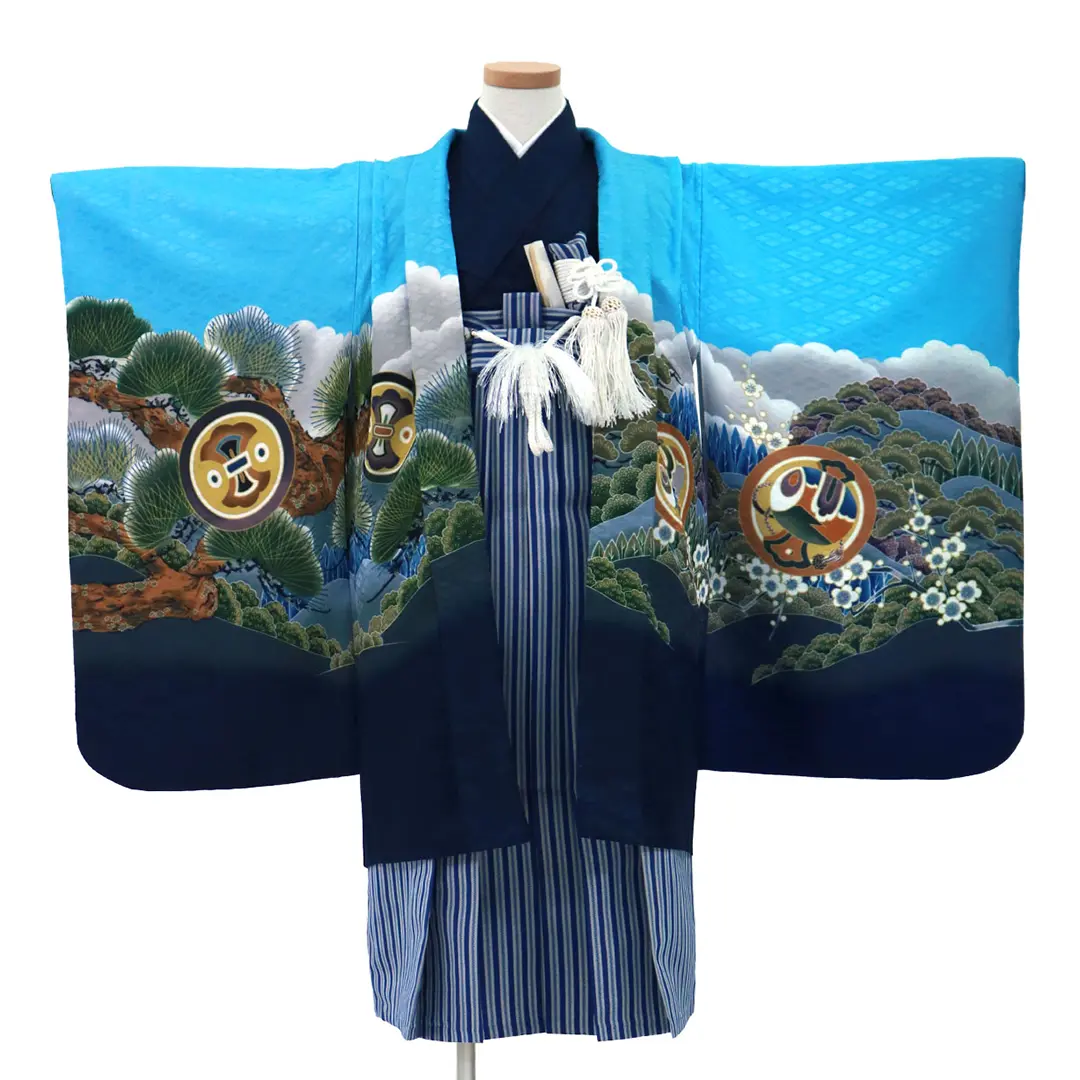 水色地に鷹と富士山、紺縞の袴／七五三・五歳男の子・袴 | 宅配着物