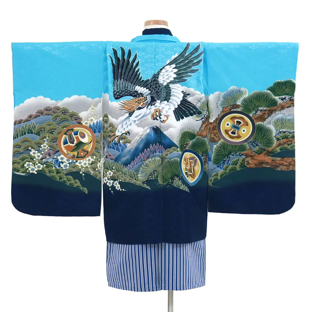 水色地に鷹と富士山、紺縞の袴／七五三・五歳男の子・袴 | 宅配着物