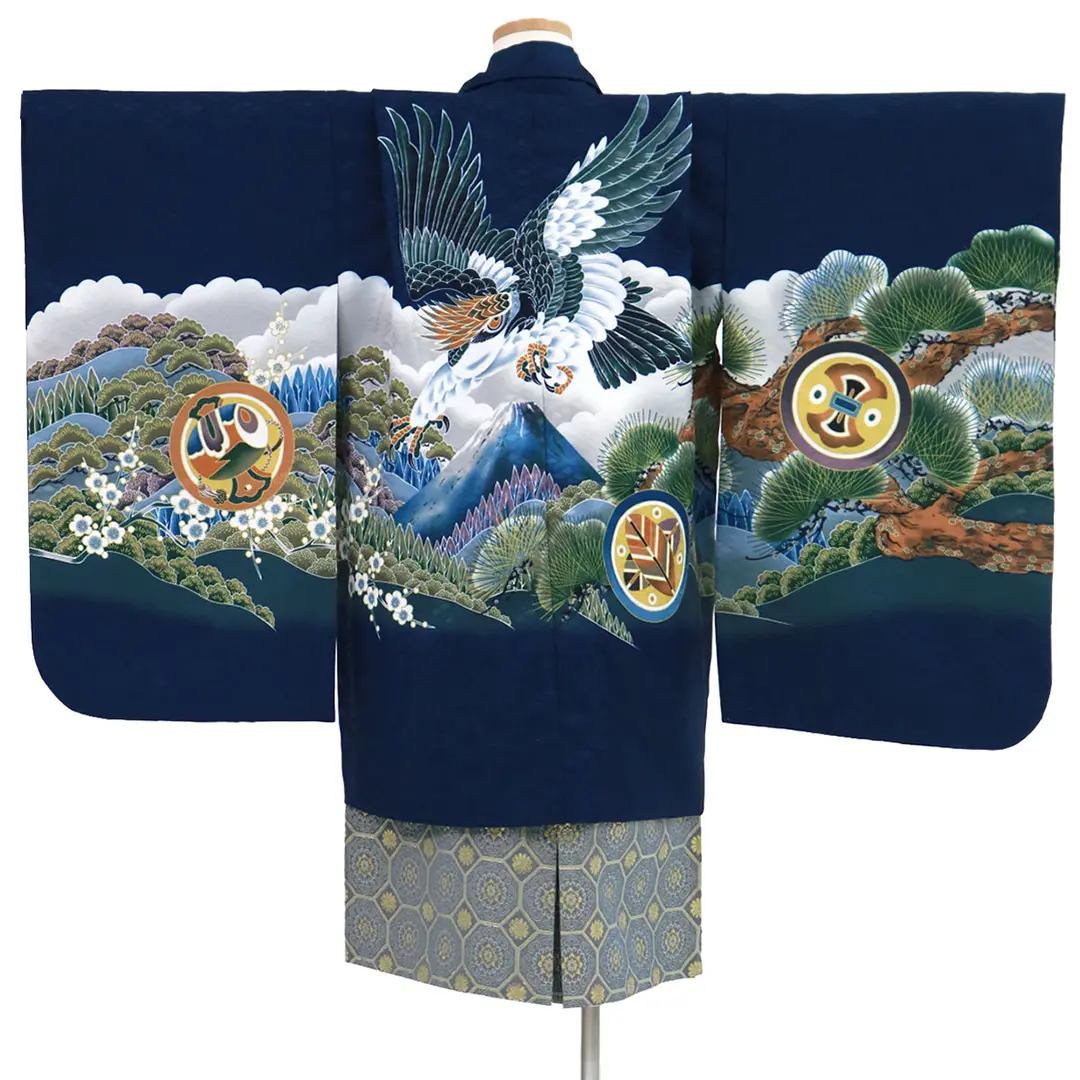 紺地に鷹と富士山、藍鼠の袴／七五三・五歳男の子・袴／背中