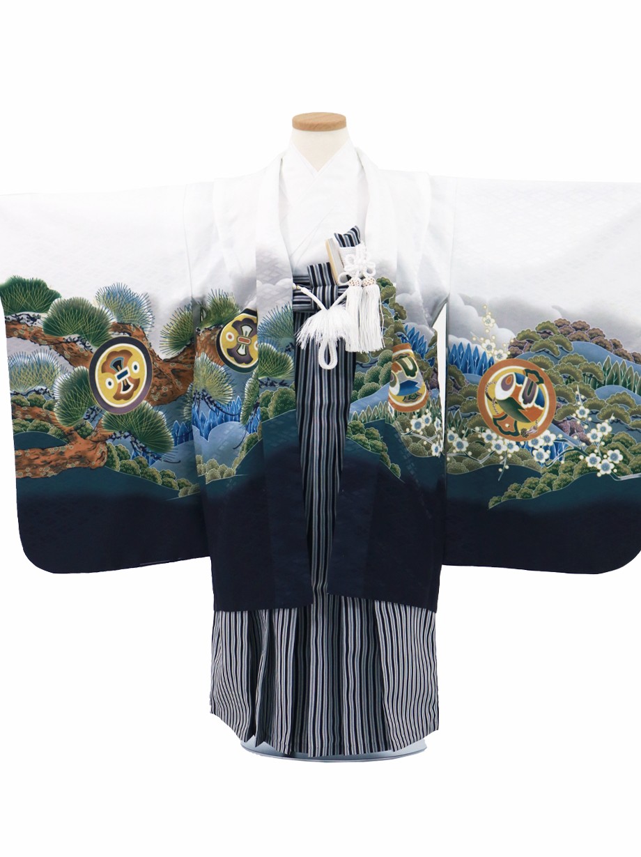 白地に鷹と富士山、黒縞の袴／七五三・五歳男の子・袴 | 宅配