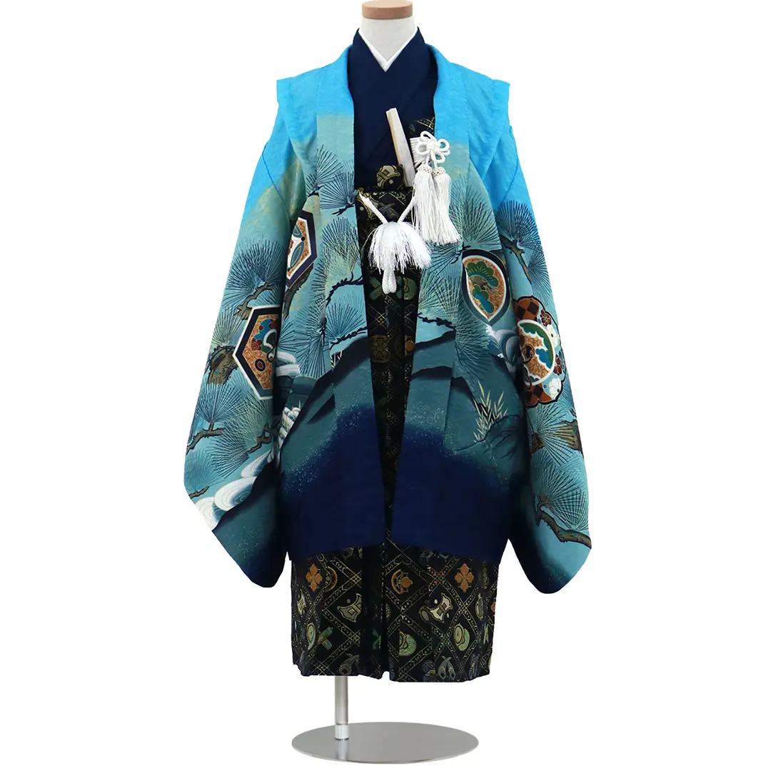 水色に兜と松・波、金襴の袴／七五三・五歳男の子・袴 | 宅配着物