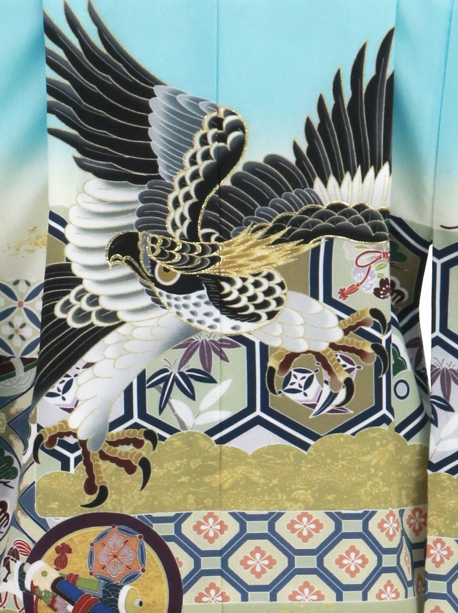 水色地に鷹と吉祥文、金襴の袴／七五三・五歳男の子・袴 | 宅配着物