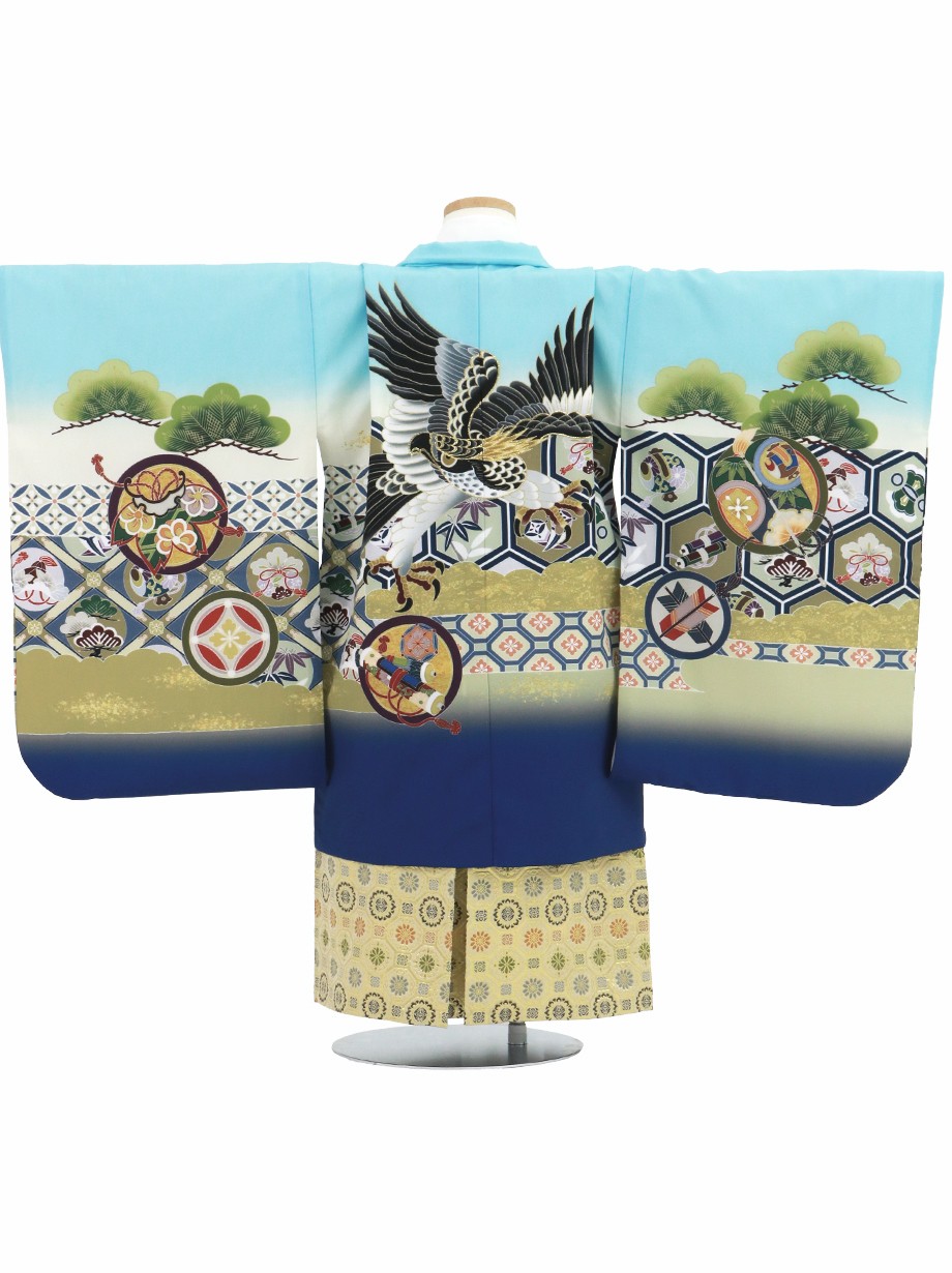 水色地に鷹と吉祥文、金襴の袴／七五三・五歳男の子・袴 | 宅配