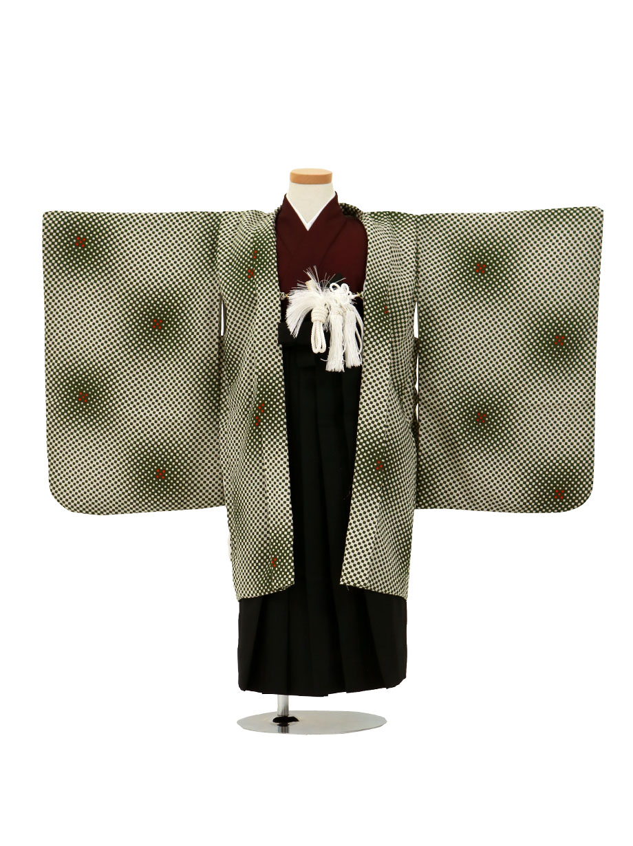 抹茶と白の市松模様、黒色の袴／小さめサイズ／七五三・五歳