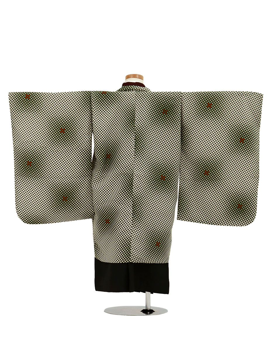 抹茶と白の市松模様、黒色の袴／小さめサイズ／七五三・五歳