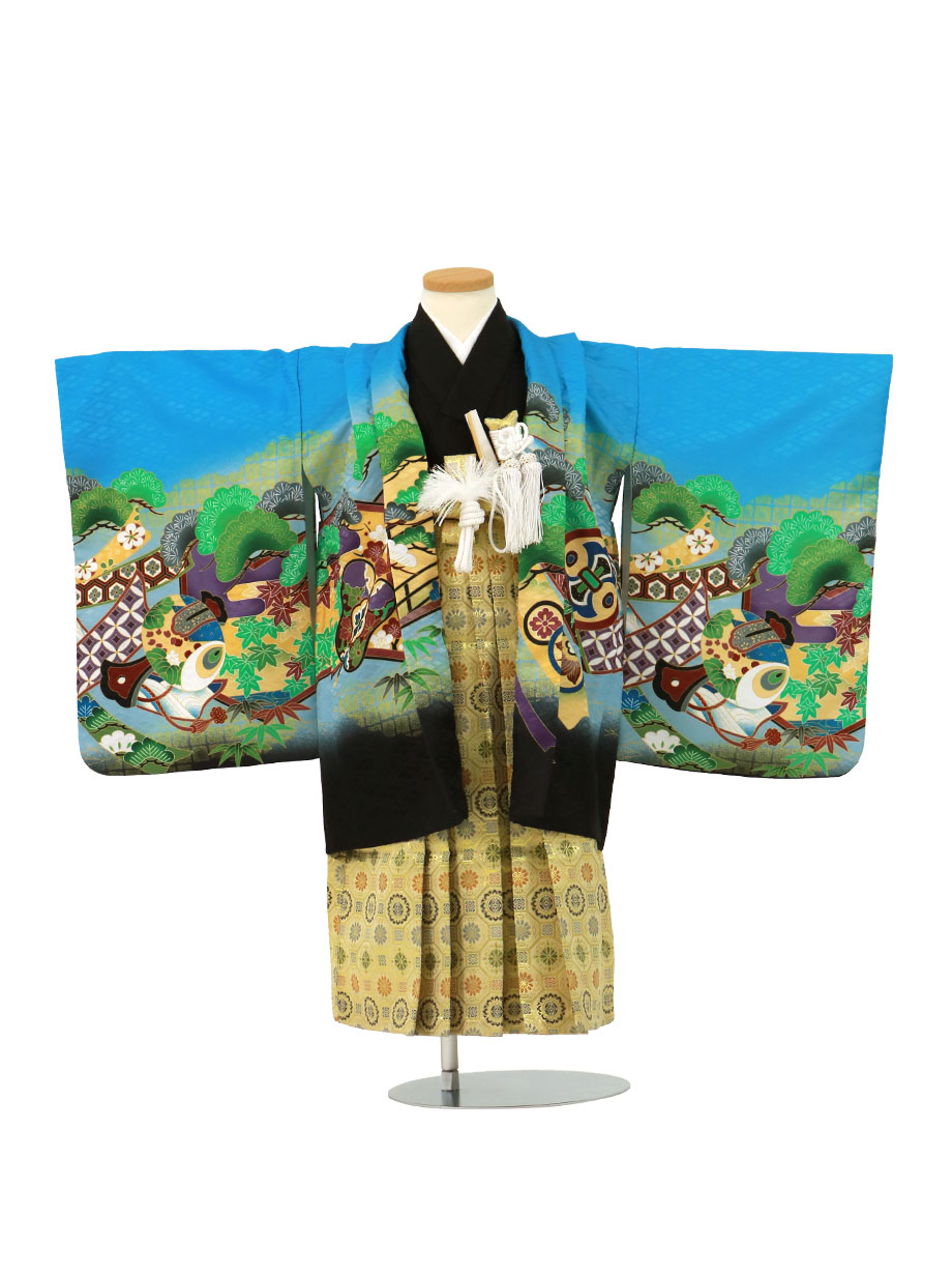 青地に鷹と屏風、金襴の袴／小さめサイズ／七五三・五歳男の子・袴