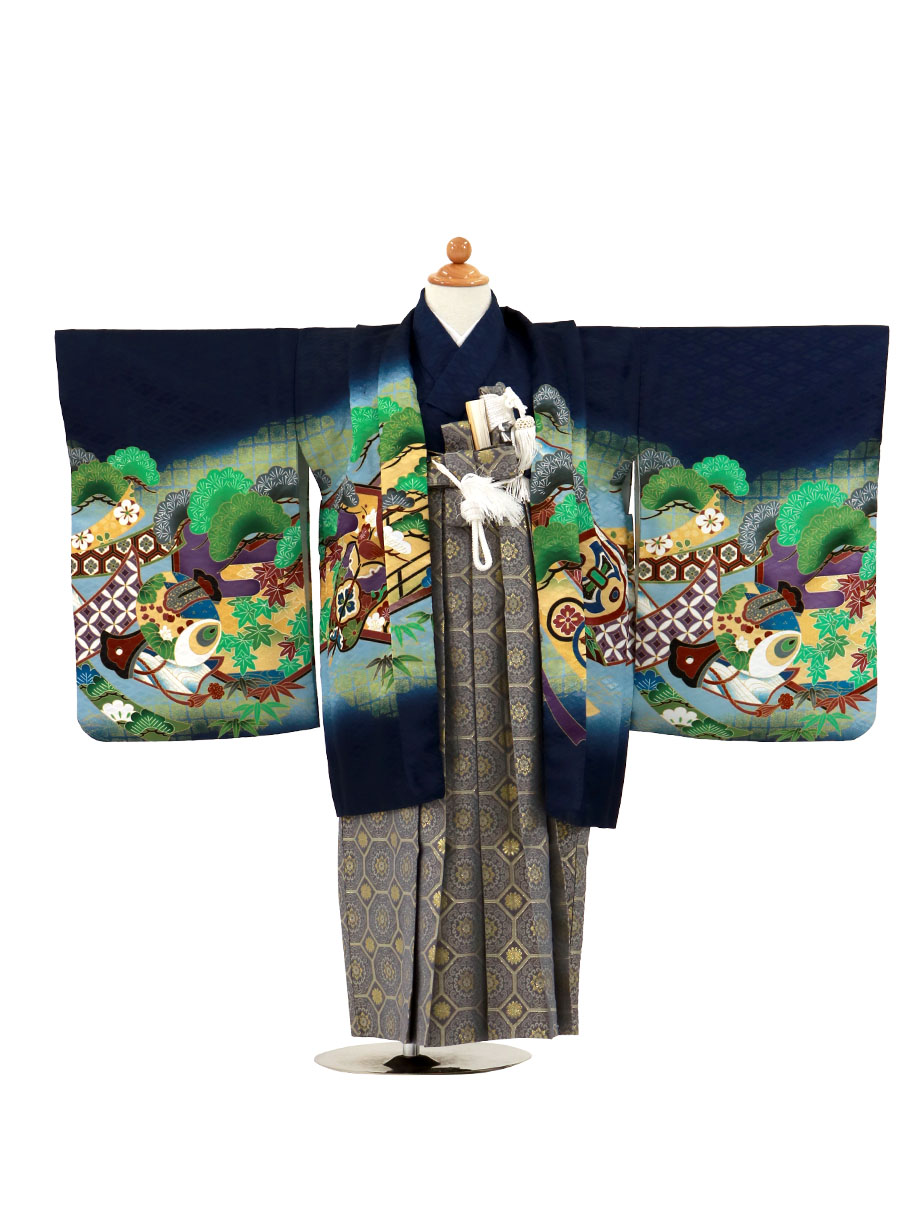紺地に鷹と屏風、藍鼠の袴／小さめサイズ／七五三・五歳男の子・袴／羽織の柄