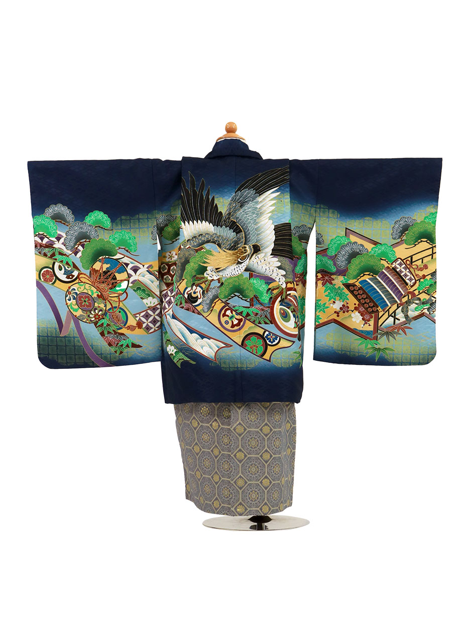 紺地に鷹と屏風、藍鼠の袴／小さめサイズ／七五三・五歳男の子・袴／背中