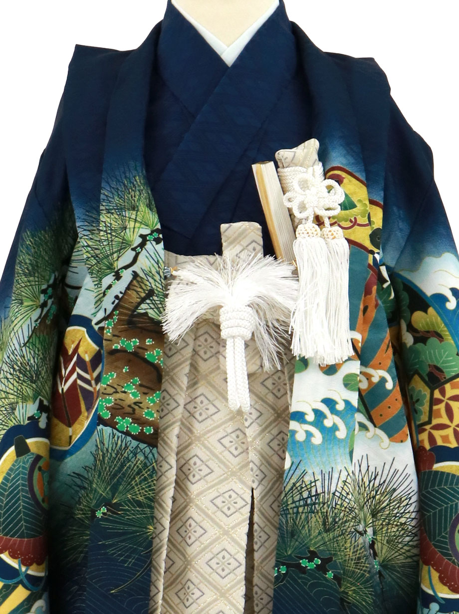 紺地に兜と軍配に松、白グレーの袴／七五三・五歳男の子・袴