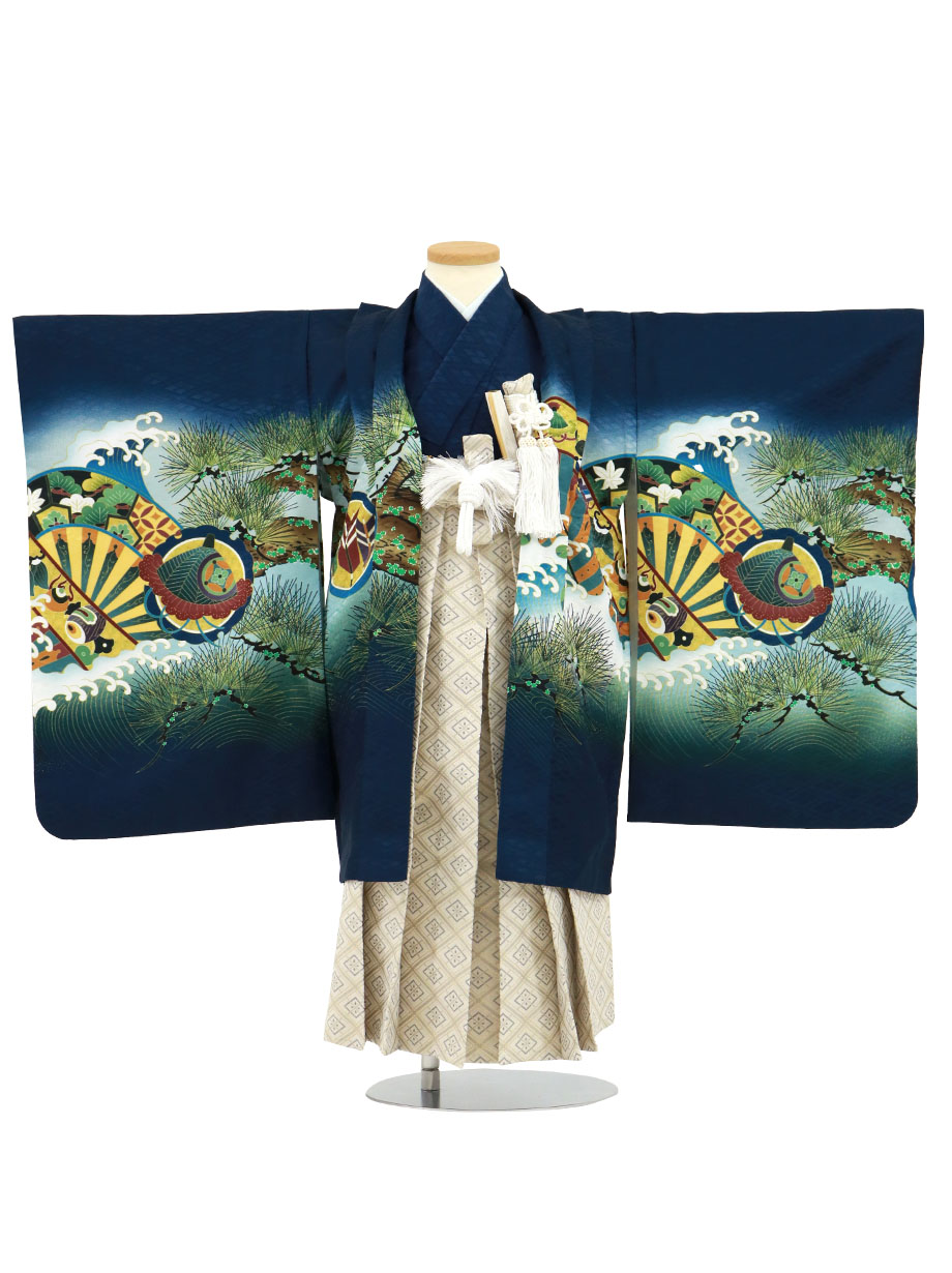 紺地に兜と軍配に松、白グレーの袴／七五三・五歳男の子・袴