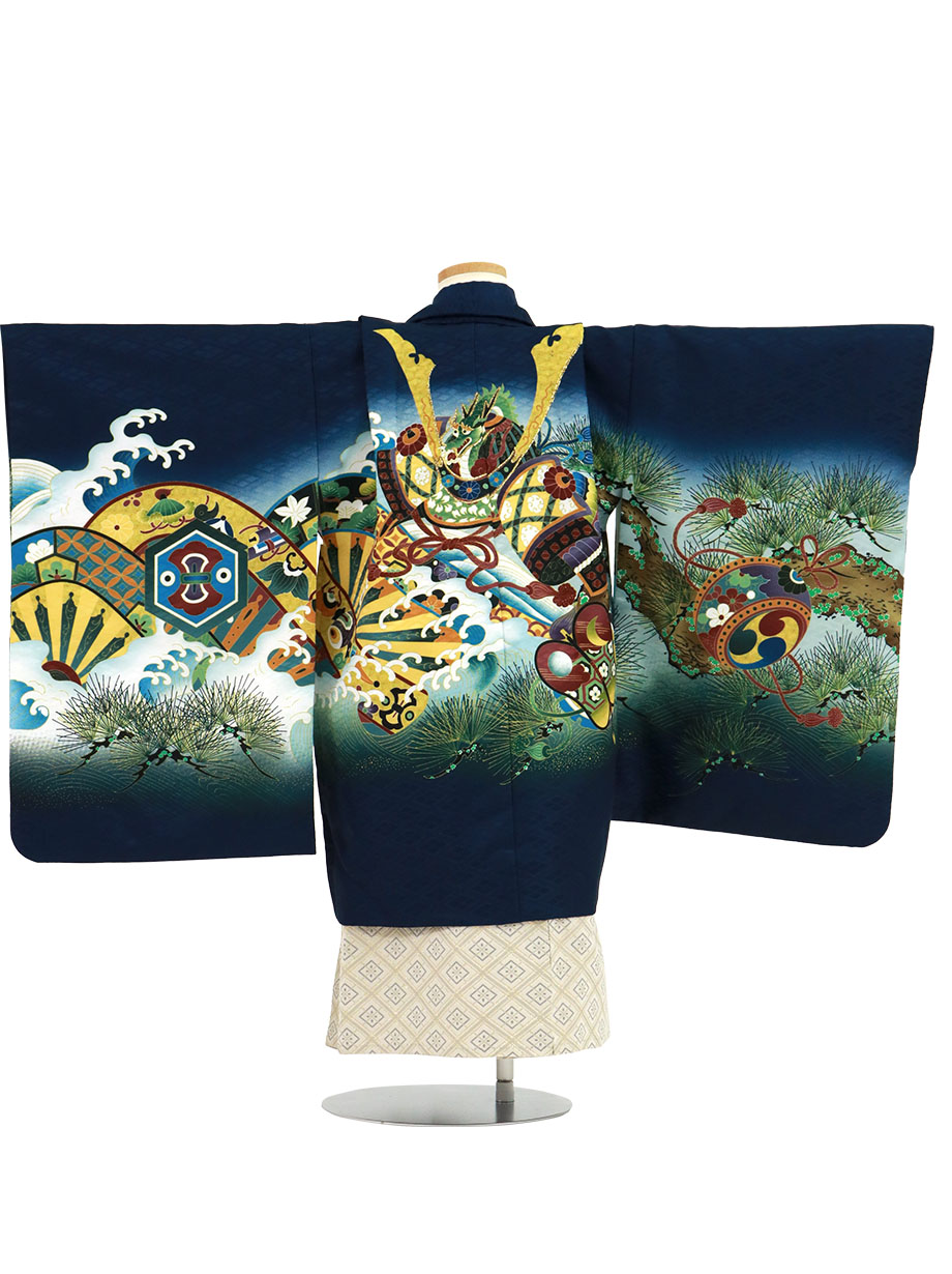 紺地に兜と軍配に松、白グレーの袴／七五三・五歳男の子・袴