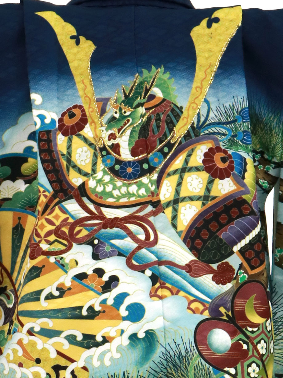 紺地に兜と軍配に松、白グレーの袴／七五三・五歳男の子・袴