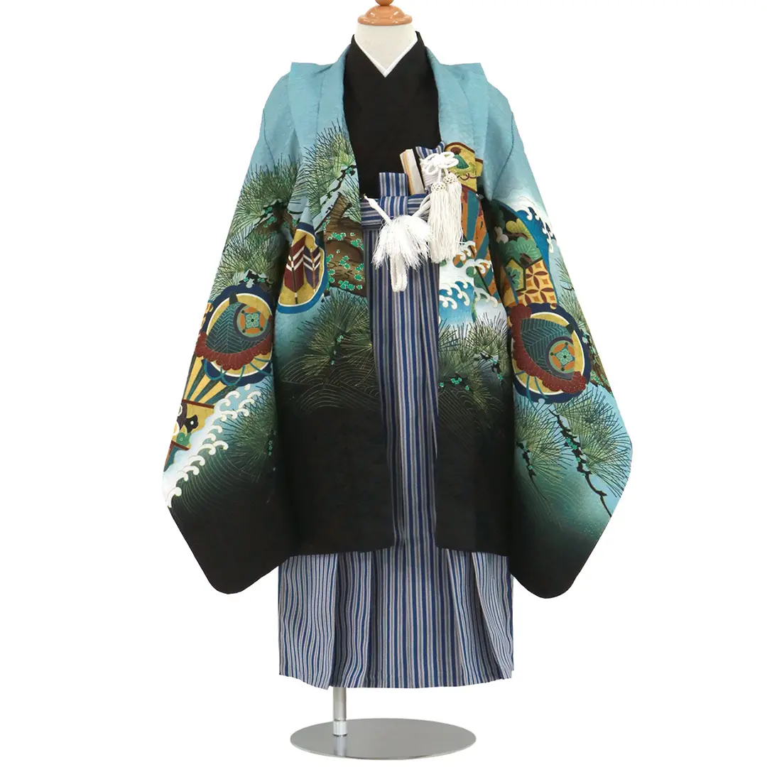 水色地に鷹と富士、藍鼠の袴／七五三・五歳男の子・袴 | 宅配着物