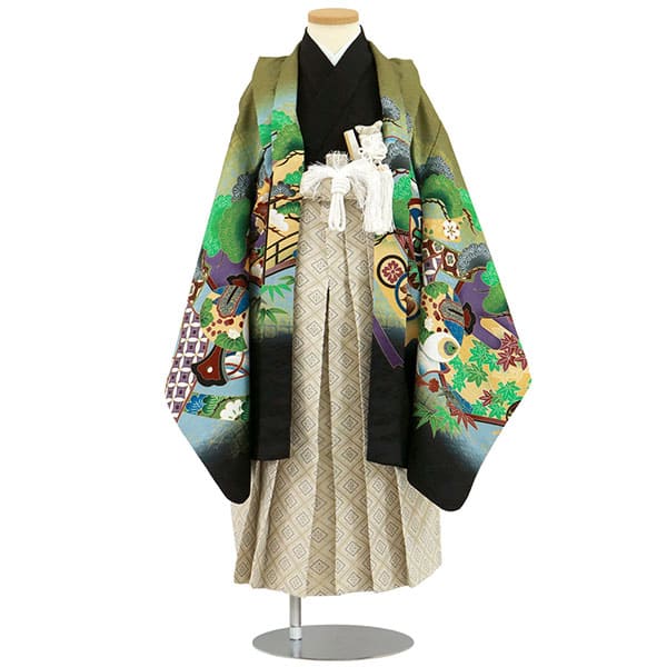 抹茶地に鷹と屏風、白グレーの袴／七五三・五歳男の子・袴 | 宅配着物