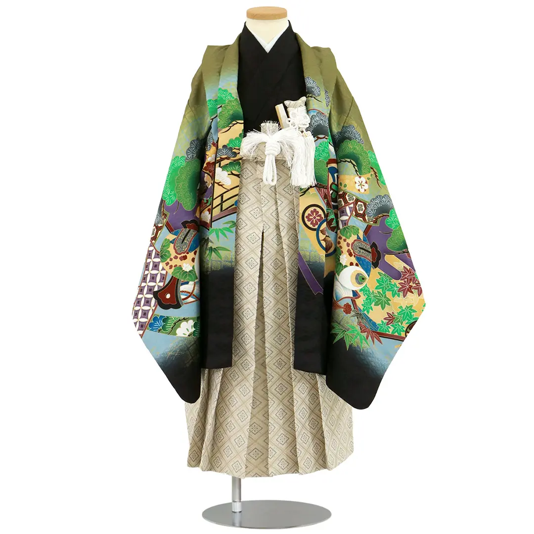 抹茶地に鷹と屏風、白グレーの袴／七五三・五歳男の子・袴 | 宅配着物