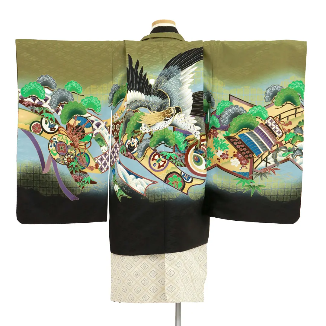 抹茶地に鷹と屏風、白グレーの袴／七五三・五歳男の子・袴 | 宅配着物