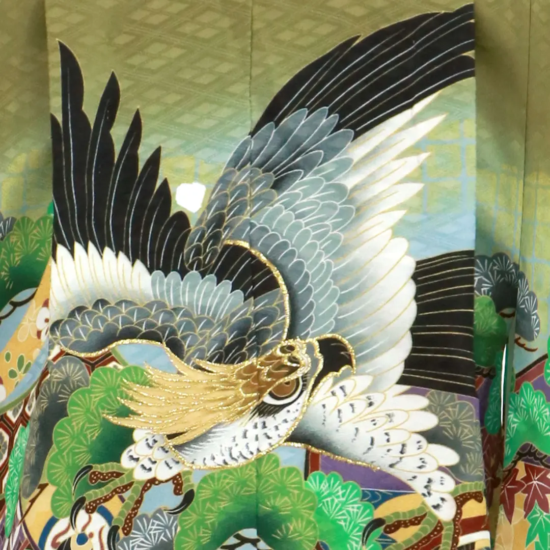 抹茶地に鷹と屏風、白グレーの袴／七五三・五歳男の子・袴 | 宅配着物