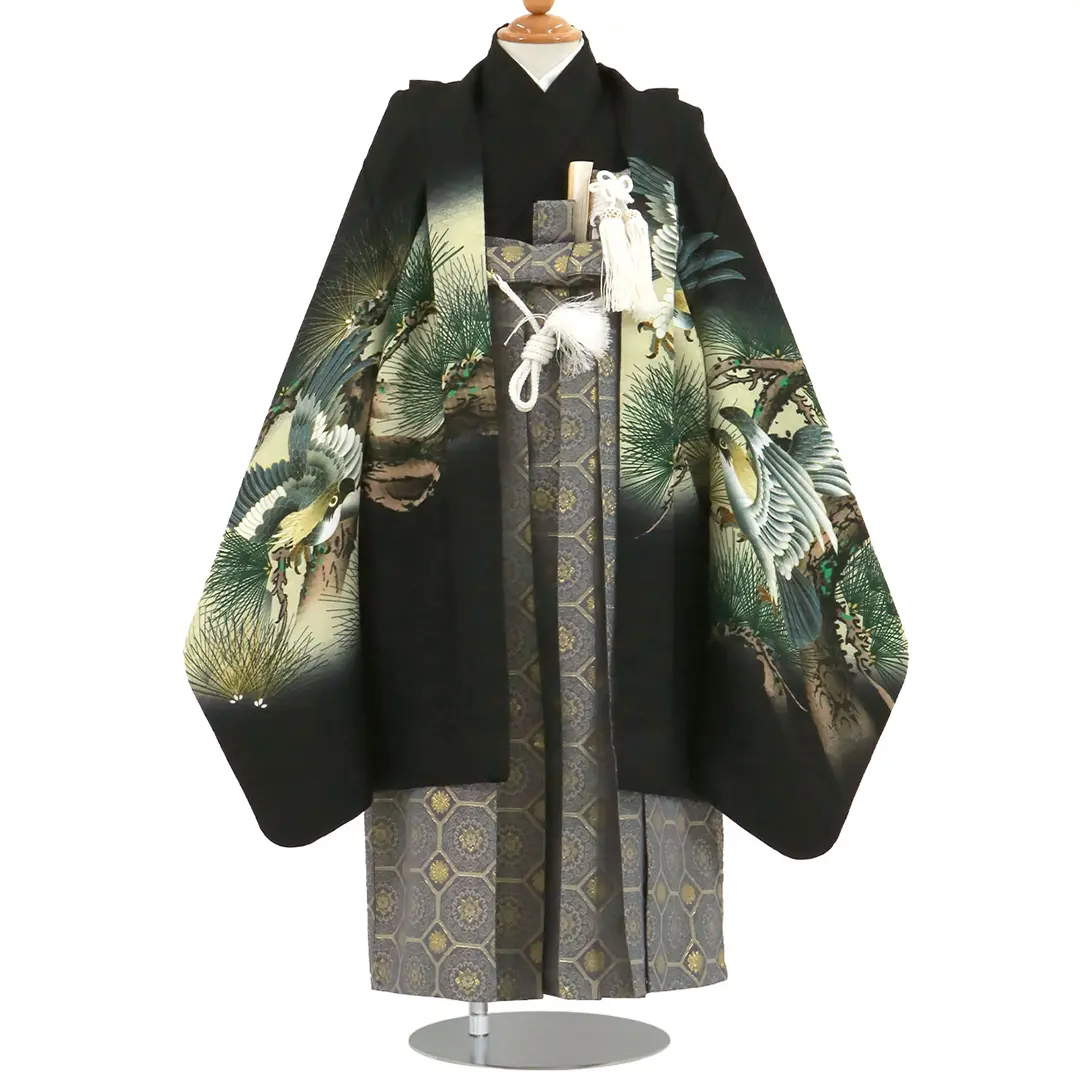 黒地に六羽の鷹、藍鼠の袴／七五三・五歳男の子・袴／正面