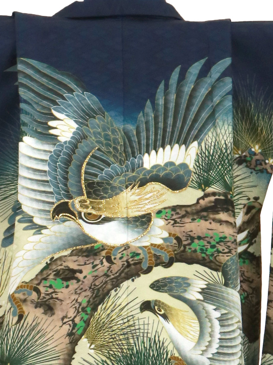 七五三 5歳 男の子 羽織着物フルセット 4.黒地に鷹と富士山（袴：紺