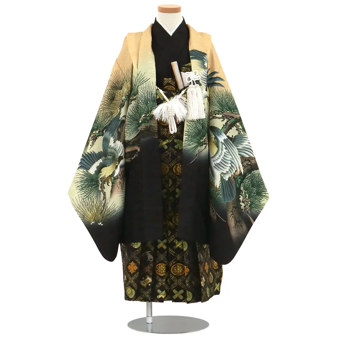 黒地に鷹と虎と鶴、黒の袴／七五三・五歳男の子・袴 | 宅配着物