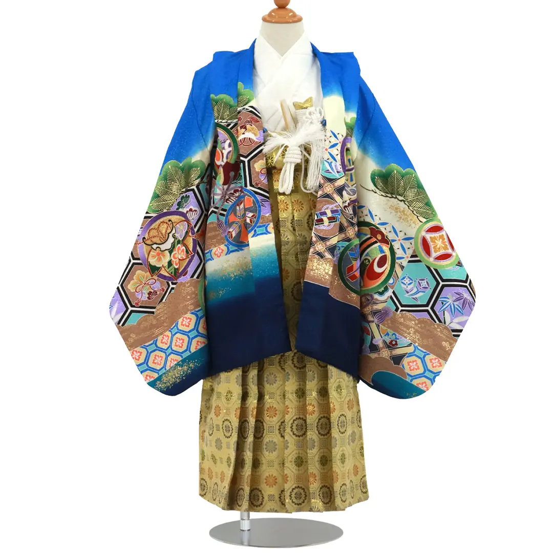 青色地に鷹と菱や亀甲、金襴の袴／小さめサイズ／七五三・五歳男の子・袴／正面