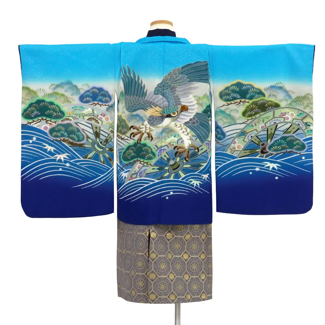 水色地に鷹と源氏車、藍鼠の袴／七五三・五歳男の子・袴 | 宅配着物