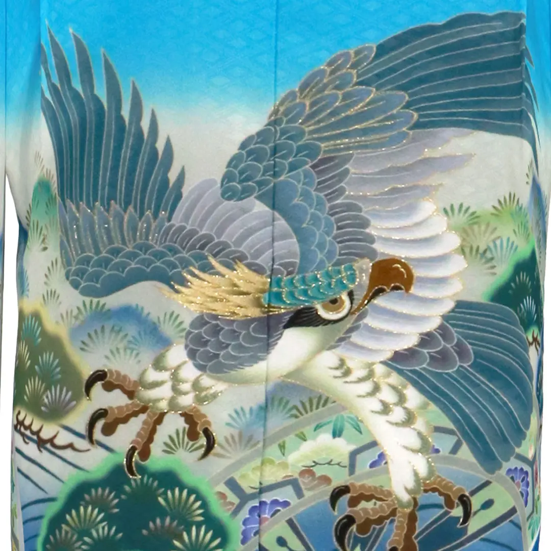 七五三 水色着物フルセット男の子100〜120扇子と鷹のデザイン 七五三 水色着物フルセット男の子100〜120扇子と鷹のデザイン