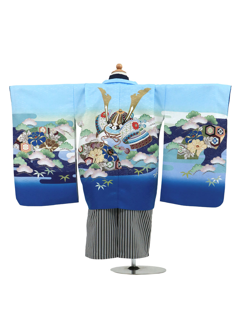 水色地に兜と扇、黒縞の袴／七五三・五歳男の子・袴 | 宅配着物