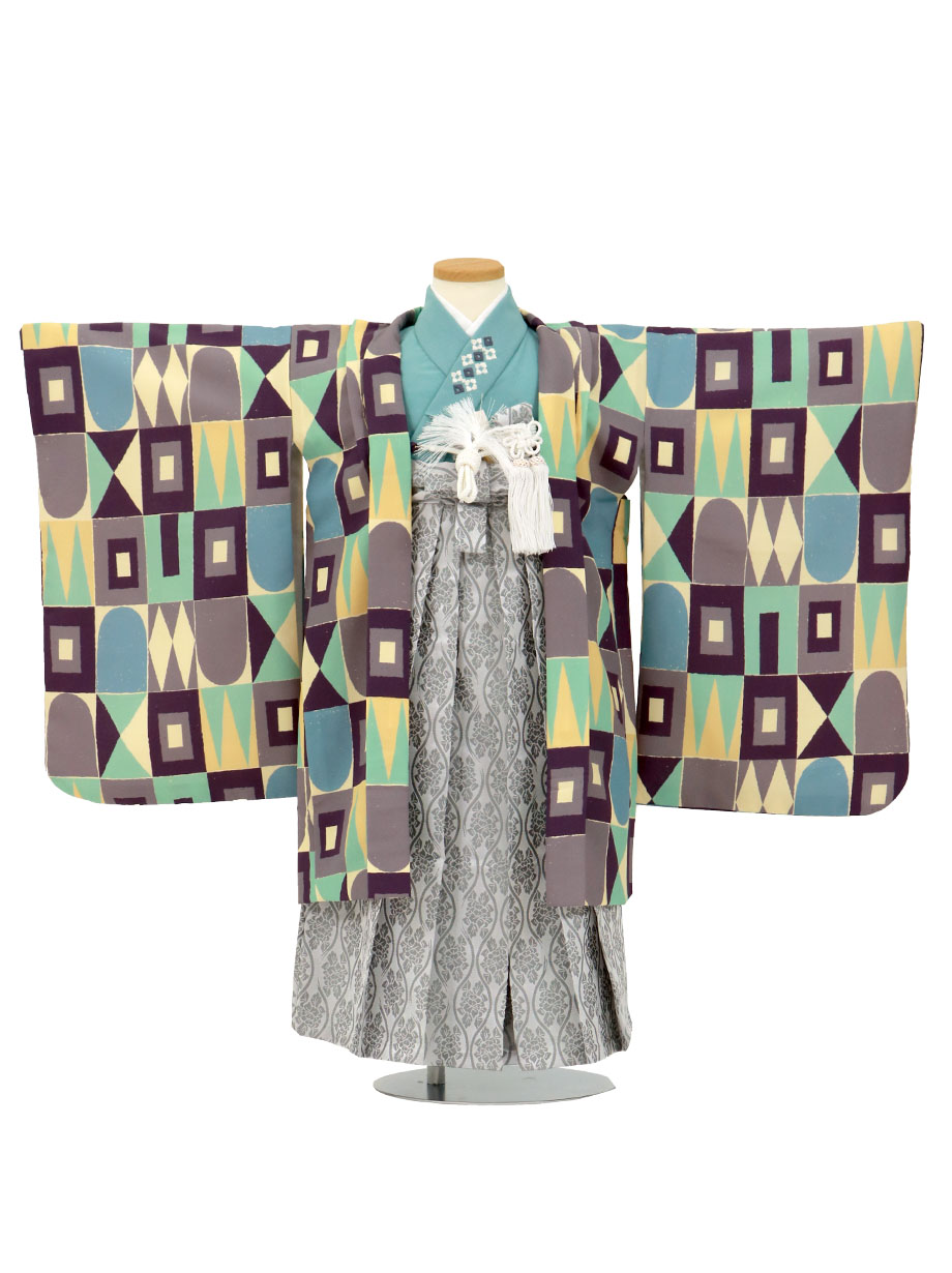 紫の幾何学文様、シルバーグレーの袴／七五三・五歳男の子・袴 | 宅配