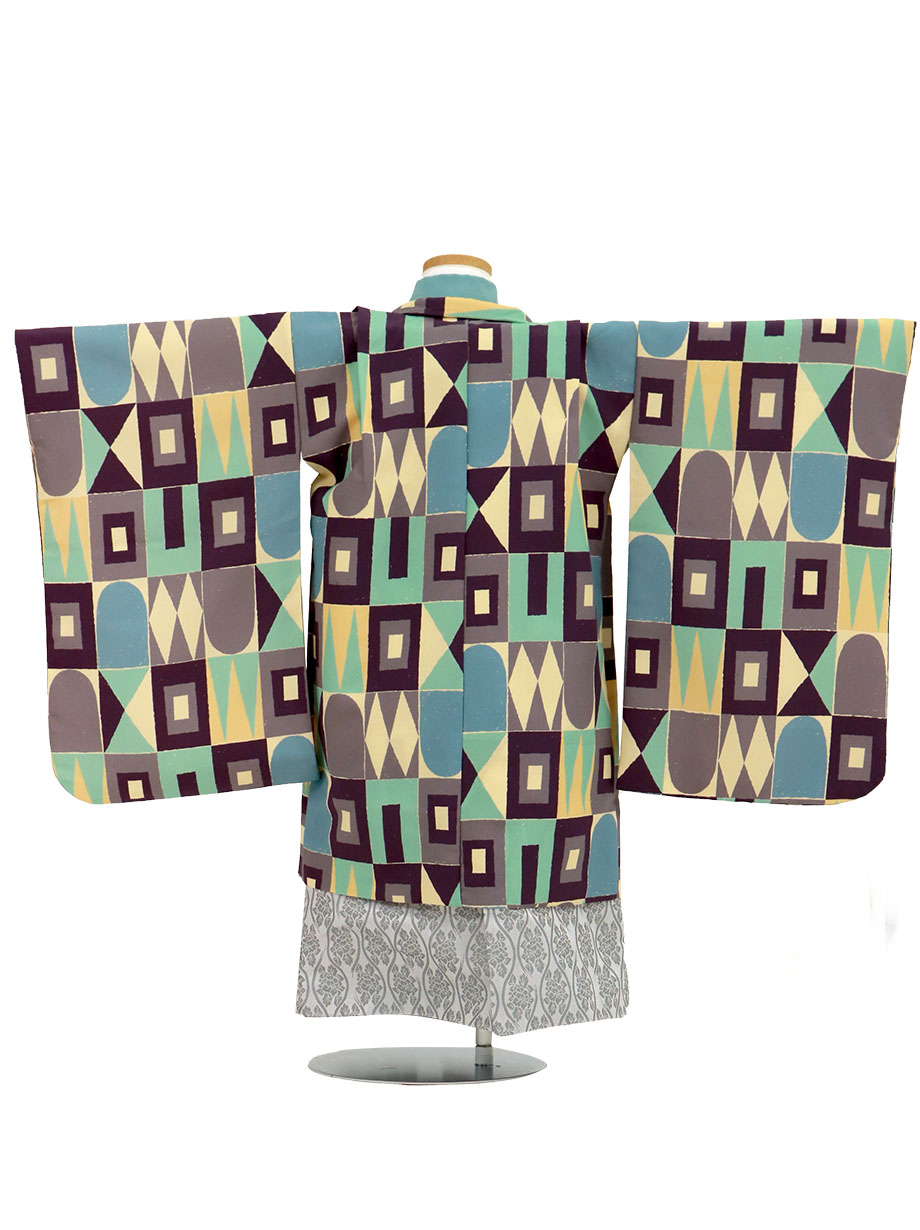 紫の幾何学文様、シルバーグレーの袴／七五三・五歳男の子・袴 | 宅配