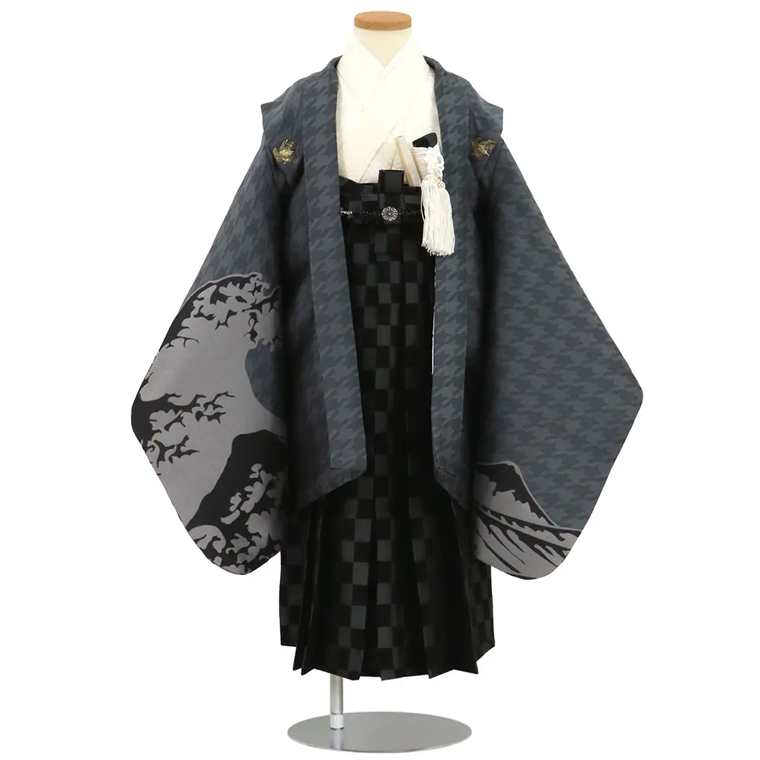 ひさかたろまん》グレー地に波、市松の袴／七五三・五歳男の子